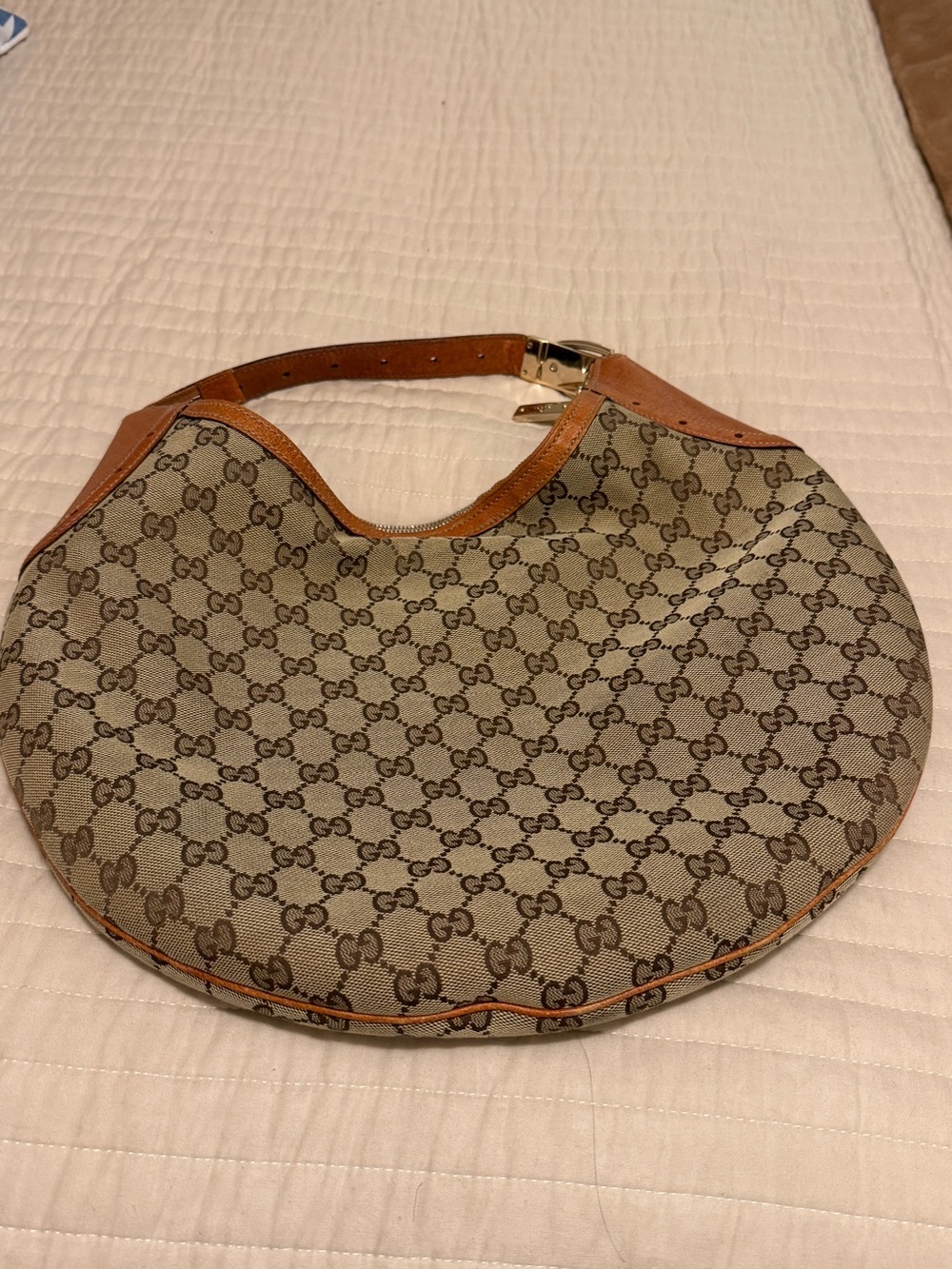 Gucci Beige GG Monogram Crescent Shoulder Bag with Brown Trim